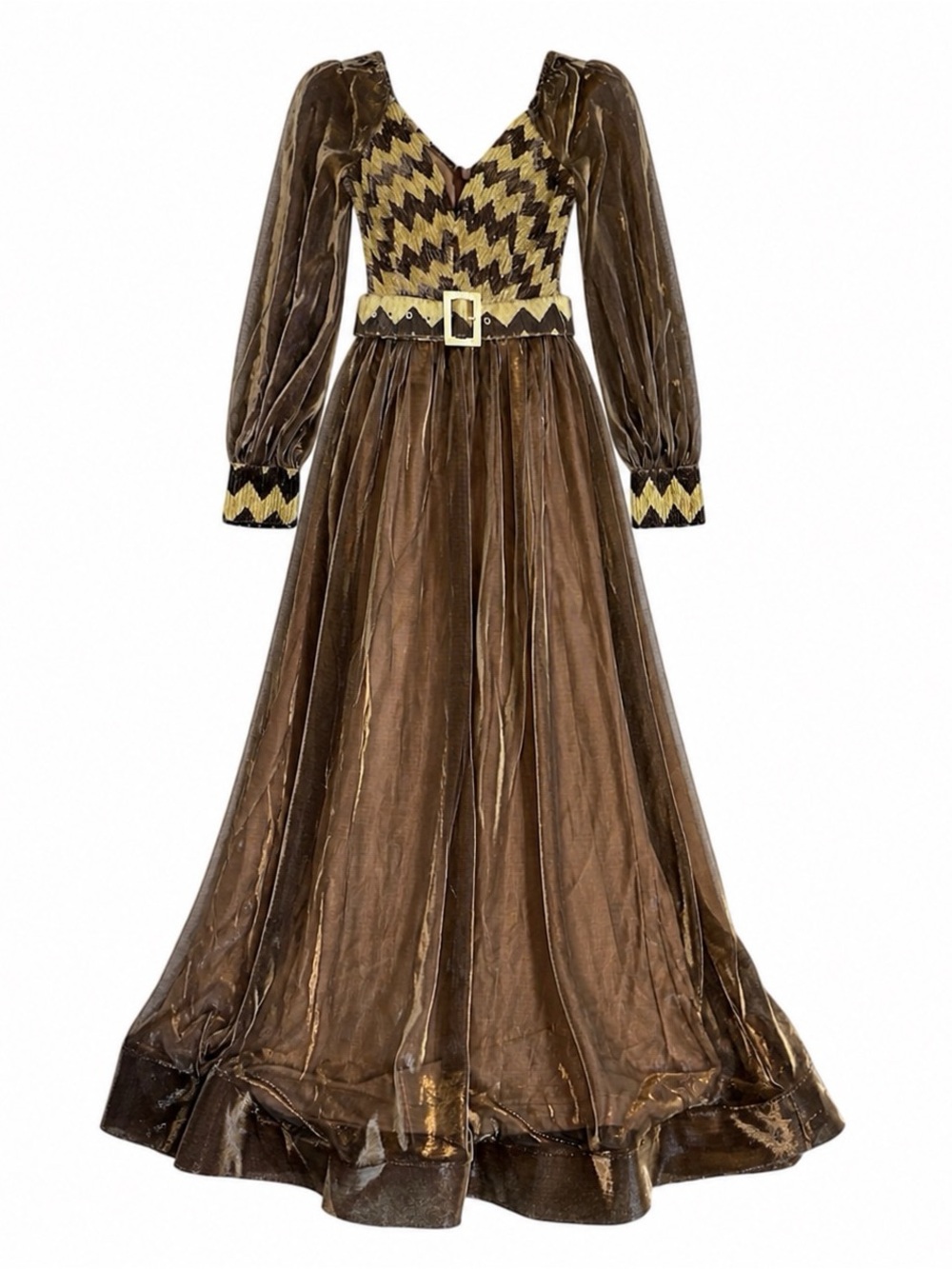 Soieblu Bronze Shimmer Organza Maxi Dress Chevron Bodice Boho Evening Gown Sz M